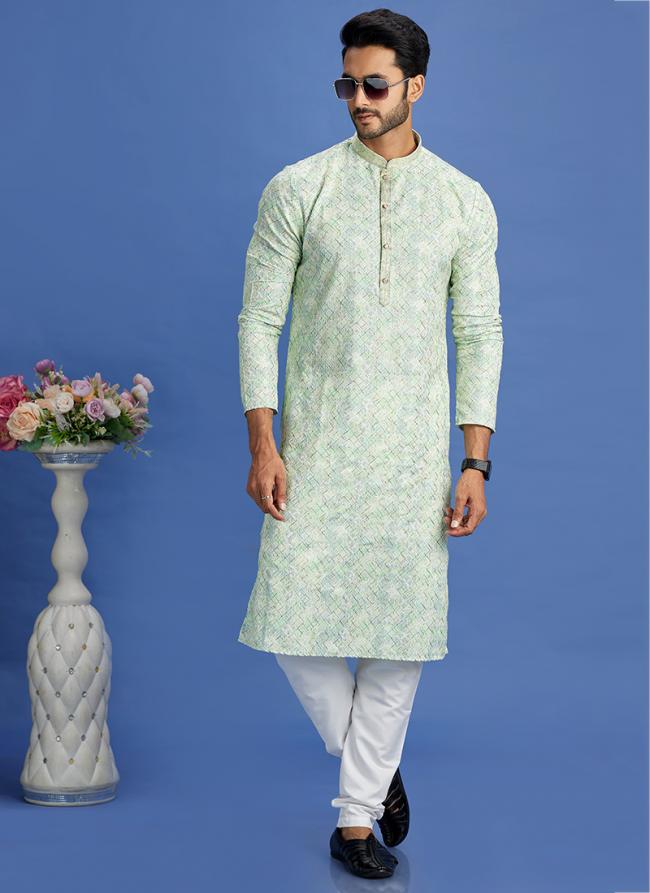 Cotton Pista Green Festival Wear Embroidery Work Kurta Pajama